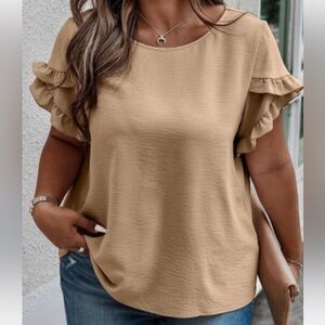 Short, ruffle sleeve top (plus size, tan color)
